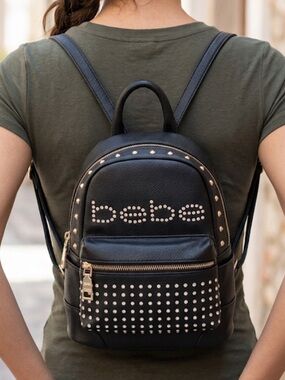 BEBE Black Rhinestone Bling Logo Mini Backpack